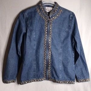 Keren Hart Denim Jacket Womens XL Gold Studded Long Sleeve Zip Coastal Grandma
